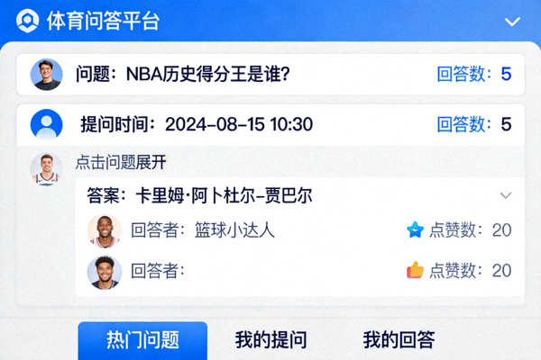 体育问答平台界面示意图，显示问题与答案列表