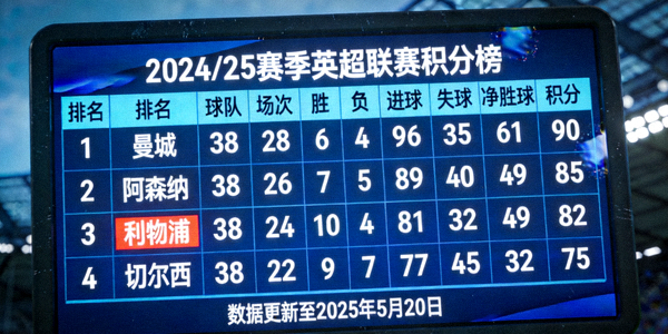 显示英超联赛积分榜数据的电子屏幕截图